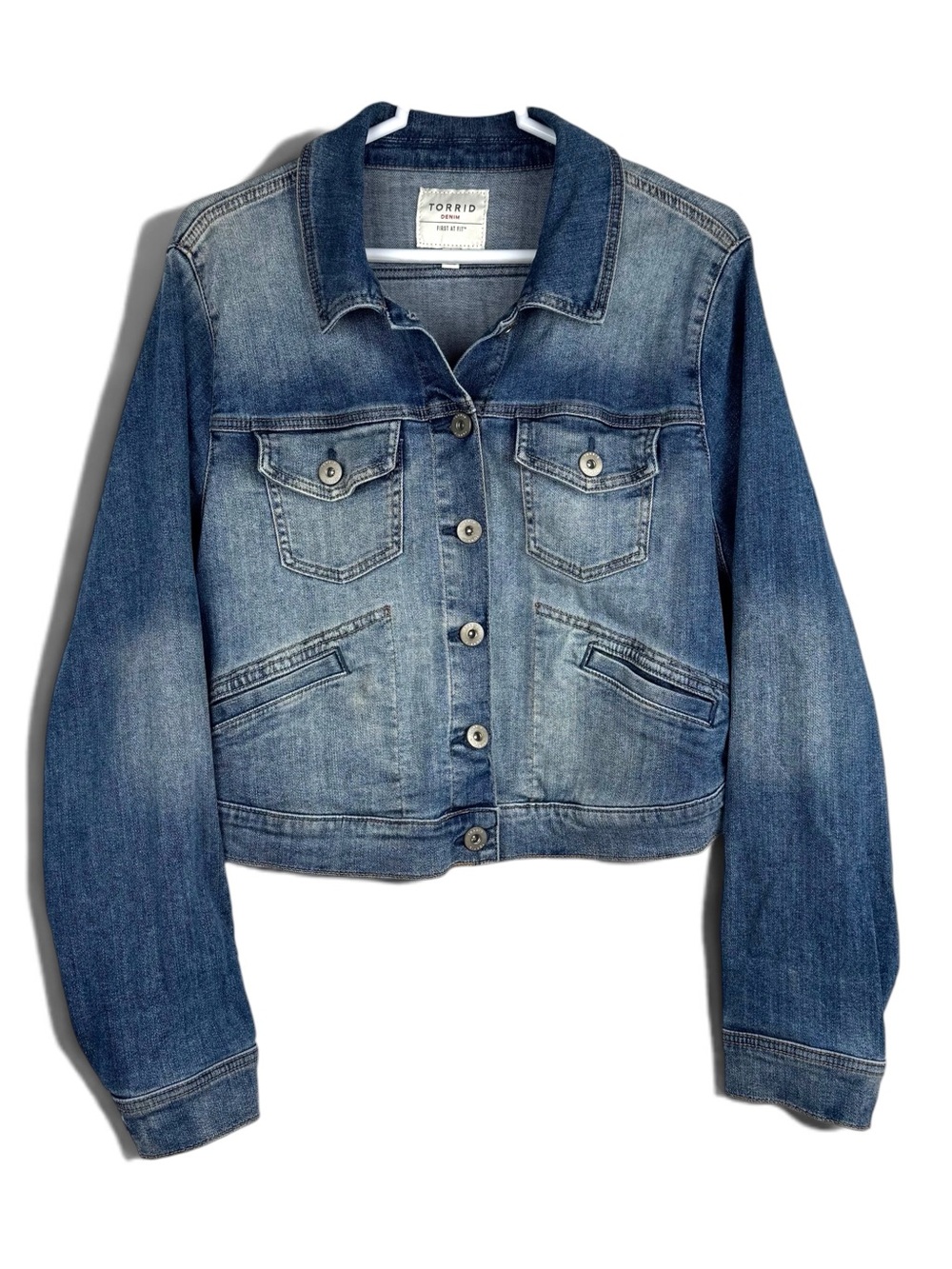 Torrid Crop Denim Jacket Distressed Medium Wash Size 1 US 14-16